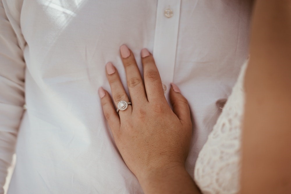 Woman's hand on man's chest